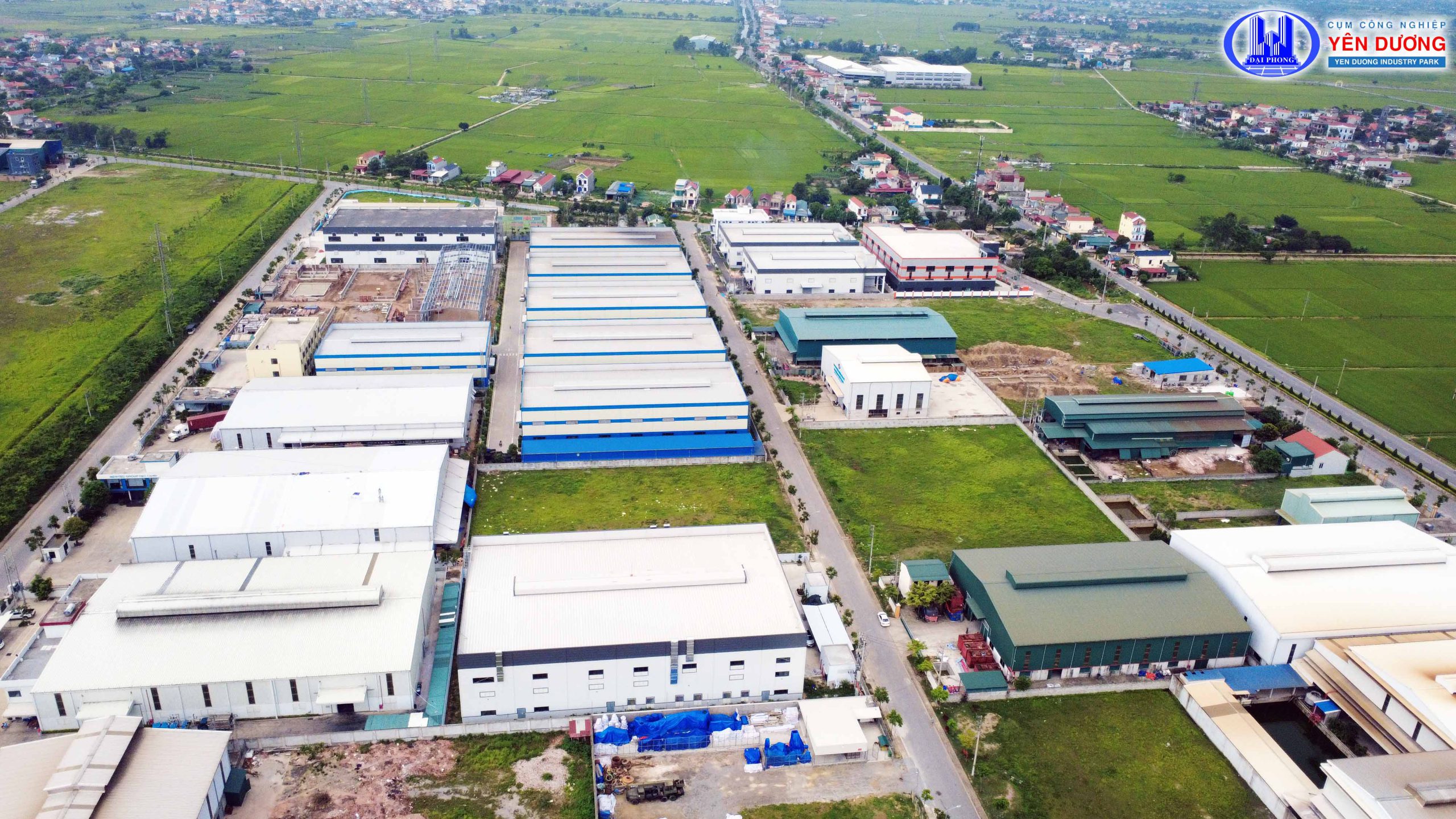 Toàn cảnh cụm công nghiệp Yên Dương Ninh Bình nhìn từ trên cao, hạ tầng hiện đại, cụm công nghiệp quy mô vừa thu hút đầu tư FDI trong lĩnh vực sản xuất và công nghiệp hỗ trợ.