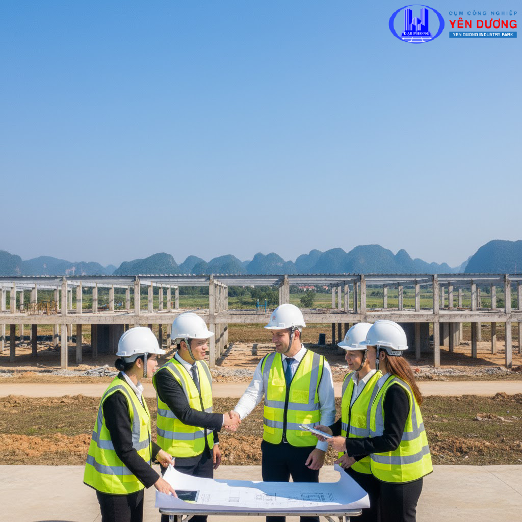 Đại diện Công ty Cổ phần Xây dựng Hạ tầng Đại Phong làm việc cùng đối tác nước ngoài tại công trường dự án, trao đổi về tiến độ và giải pháp kỹ thuật.