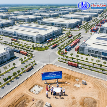 Ảnh chụp từ trên cao khu công nghiệp hiện đại tại Việt Nam với nhà máy, kho bãi và xe container, thể hiện dòng vốn FDI và sự quan tâm của các quỹ đầu tư nước ngoài đến bất động sản công nghiệp Việt Nam.