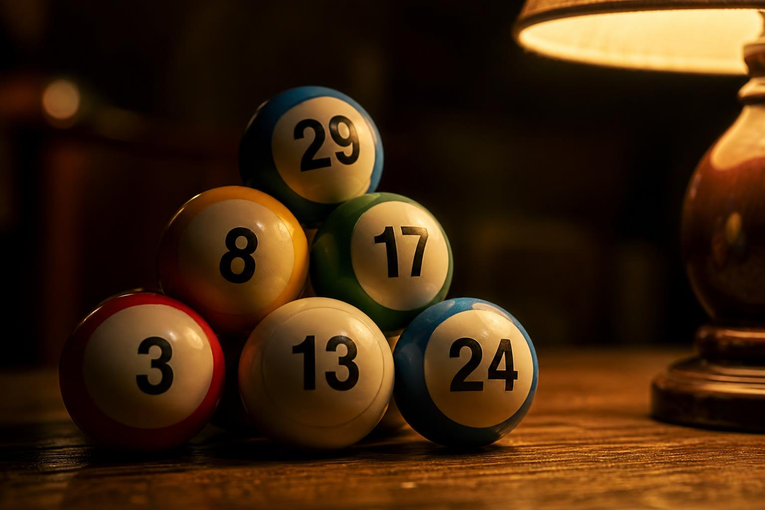 Bola nomor togel di atas meja kayu