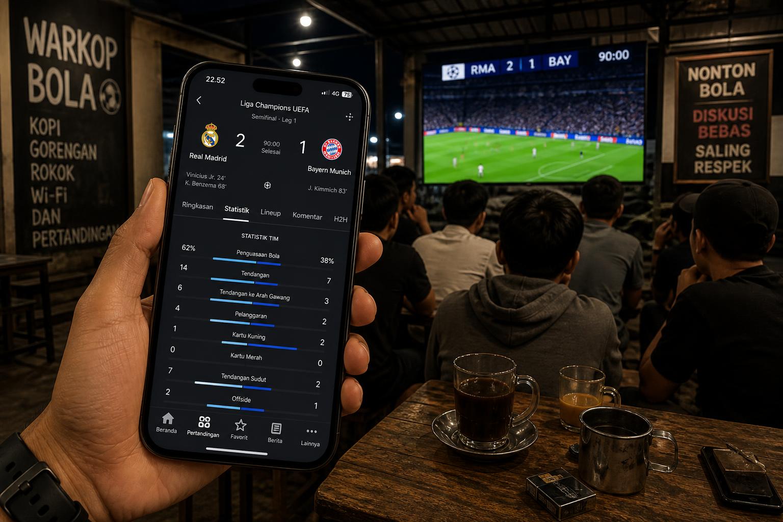 Suasana menonton pertandingan sepak bola sambil memegang ponsel